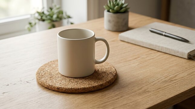 Cozy office workspace with white mug on cork coaster desk