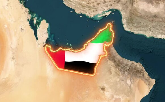 United Arab Emirates map glowing with vibrant national flag colors and intense fire borders in this dynamic digital motion video footage