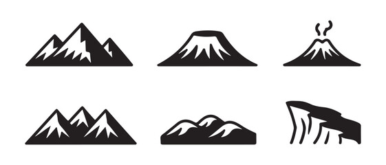 Collection of black mountain silhouettes and volcanic vents isolated on transparent background for logo design. © Siyam Islam