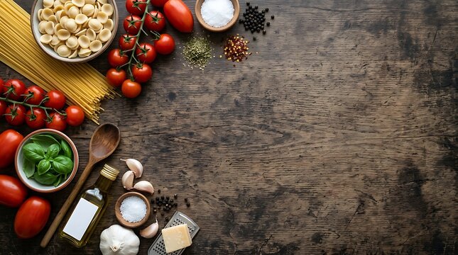 Fresh italian food ingredients on a rustic wooden background