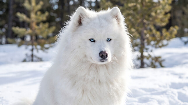 White Samoyed dog sitting in fresh snow. Fluffy Arctic breed canine portrait with bright blue eyes outdoors.
