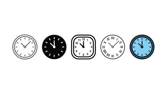 Set of various clock face icons featuring different styles and designs
