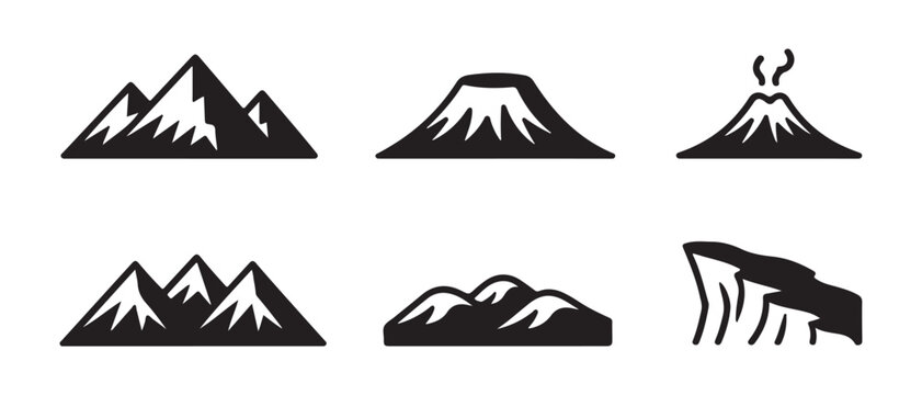 Collection of black mountain silhouettes and volcanic vents isolated on transparent background for logo design.