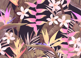 Tropical pattern. Paradise plants and flowers. Hawaiian pattern. Exotic, tropical. Delicate soft colors. © Alaska_artworks