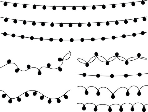 Christmas string light black silhouette collection, holiday garland hanging border elements vector illustration for design