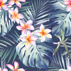 Tropical pattern. Paradise plants and flowers. Hawaiian pattern. Exotic, tropical. Delicate soft colors. © Alaska_artworks