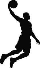 Athletic basketball player silhouette slam dunking in mid air isolated on a clean white background vector © MSTSABINA