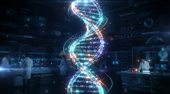 Digital DNA strand visualization for biotech research. Scientific illustration of genetic data analysis.