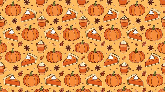 Seamless autumn pattern with pumpkins pie and coffee cups