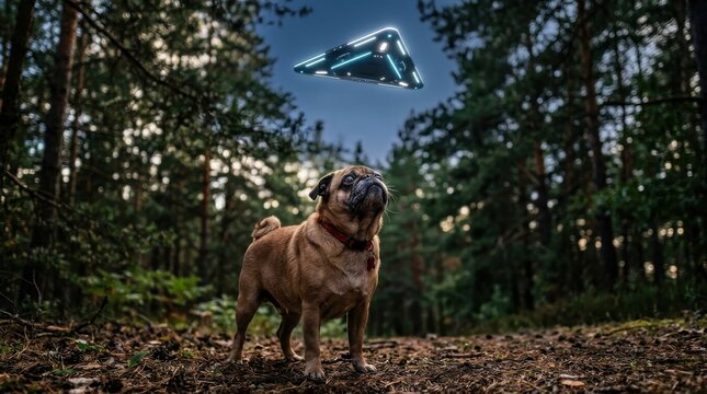 Extraterrestrial Encounter. A curious pug dog standing in a forest looking up at a glowing triangular UFO, science fiction concept