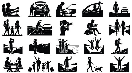 Obraz premium Road trip and mountain hiking icons set featuring families driving and exploring nature.