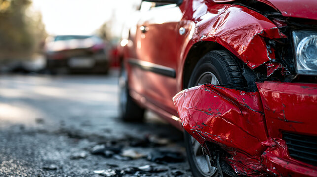 Damaged front bumper of a red car after a traffic collision on the road. Concept for accident insurance claims and car.