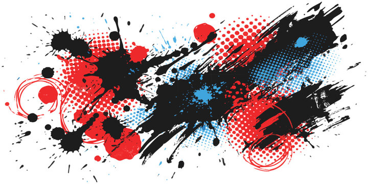 Abstract paint splatter design with black ink brush strokes and red and blue halftone dots for creative art