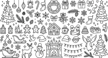 Christmas holiday and winter celebration doodle outline icons set with tree snowman reindeer gingerbread fireplace gifts and festive decoration vector ©  Jahangir