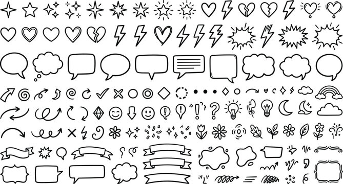 Hand drawn comic speech bubbles stars hearts arrows ribbons and abstract expression graphic design elements doodle outline icons set vector