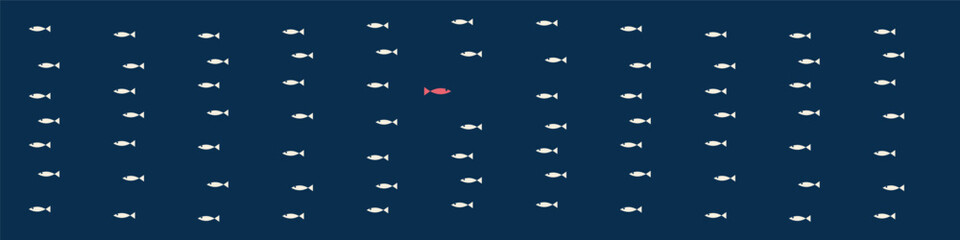 Fototapeta premium Fish school swimming one direction with red fish going opposite wide banner on navy, Be different individuality concept pattern, vector background for header and leadership design