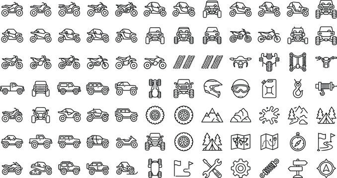 Off road vehicles and extreme adventure sports outline icons set with atv utv quad bike truck and adventure equipment vector