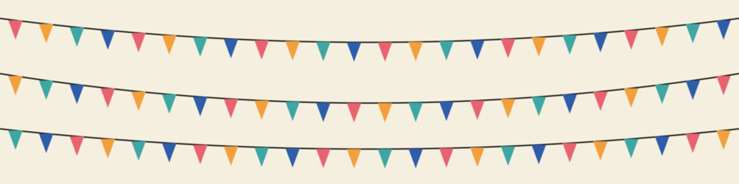 Colorful bunting flags garlands wide banner on cream, Three strings of triangle party pennants, festive vector background for celebration header and event design