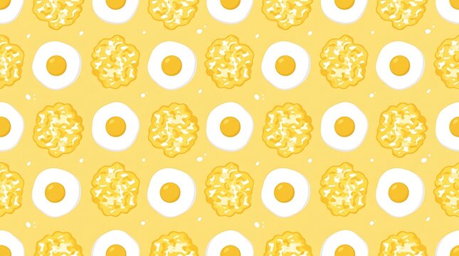 Seamless pattern with fried and scrambled eggs on yellow background
