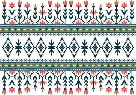 Ethnic floral embroidery pattern seamless border, bohemian geometric ikat vector ornament for fabric textile design