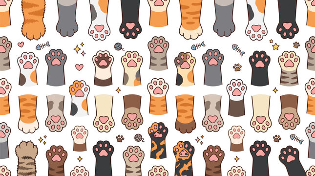 Cute cat paws seamless pattern with funny cartoon kitten feet toe beans calico ginger and tabby prints background vector