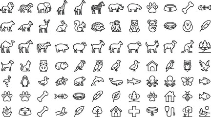 Wild animals pets farm livestock and marine sea life doodle outline icons set with birds safari wildlife and veterinary care elements vector ©  Jahangir