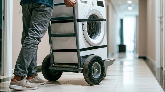 Delivery worker steering a washing machine on a hand dolly down a hallway. Concept of appliance delivery.