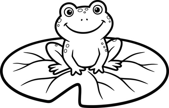 Cartoon frog on lily pad line art for children's illustration