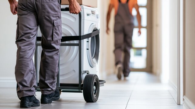 Delivery worker steering a washing machine on a hand dolly down a hallway. Concept of appliance delivery.