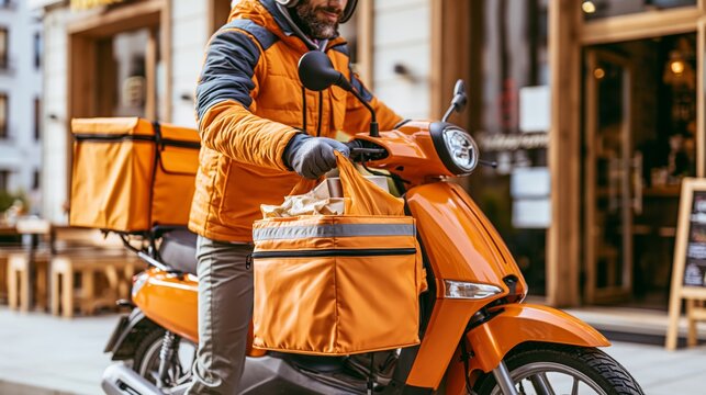 Food delivery rider pulling a bag from an insulated scooter box. Concept of food delivery service.