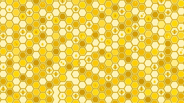 Honeycomb pattern with stylized bees and golden honey drops