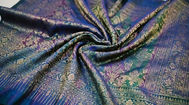 Elegant silk fabric with intricate gold patterns in blue and purple
