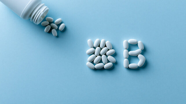 White pills forming letter B on light blue background. Vitamin B complex health care and medical supplement concept.