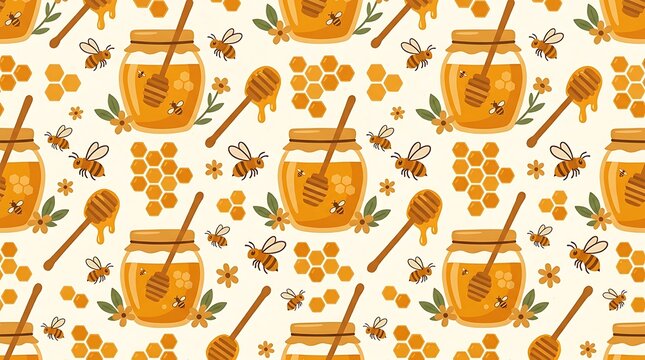 Seamless pattern with honey jars bees and honeycombs