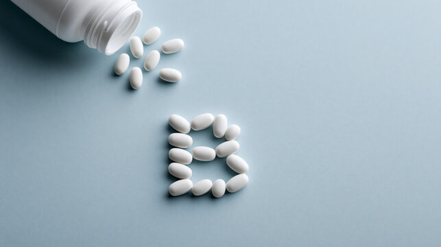White pills forming letter B on light blue background. Vitamin B complex deficiency medical healthcare concept.