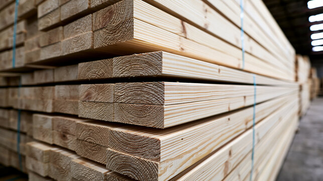 Close-up of stacked wooden planks in a warehouse. These pine boards are perfect for professional construction and home.