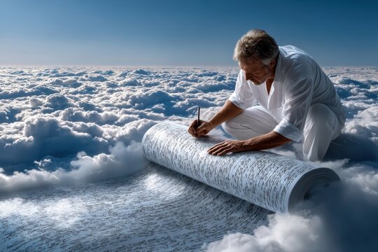 Man writing on a large scroll among clouds in a surreal sky setting