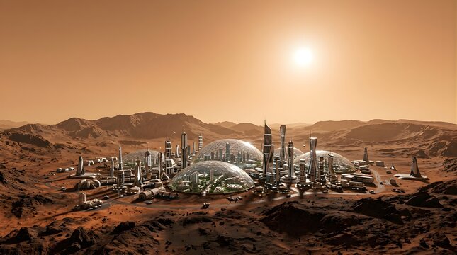 Futuristic colony city with glass domes on the surface of planet Mars