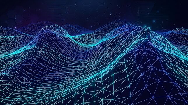 Futuristic neon blue wireframe mesh landscape in cyberspace