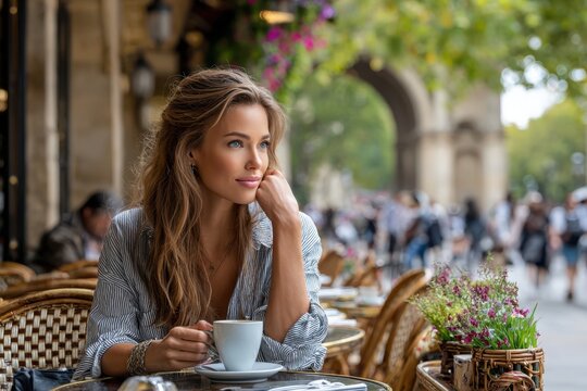 Caf&eacute; moment with a woman enjoying coffee while observing street life in a vibrant plaza