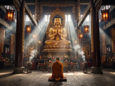 Buddhist monk in orange robes meditating in a majestic temple before a giant golden Buddha statue