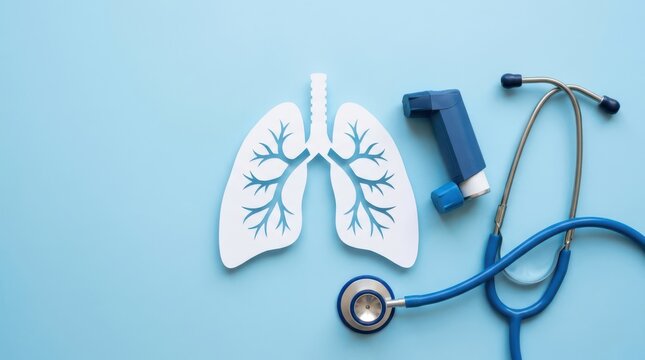A paper cutout of human lungs with an asthma inhaler and a stethoscope