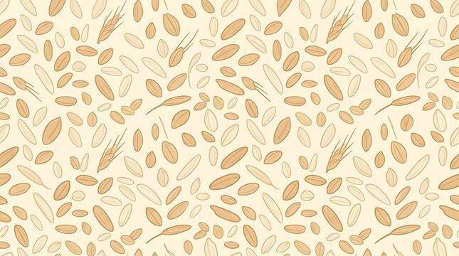 Seamless pattern of cereal grains and wheat seeds on cream backdrop