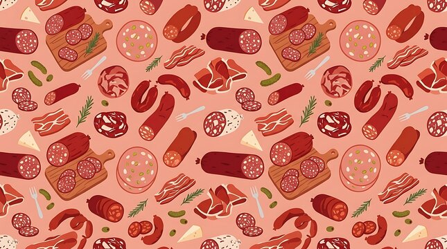 Seamless pattern of various sausages salami and charcuterie meats