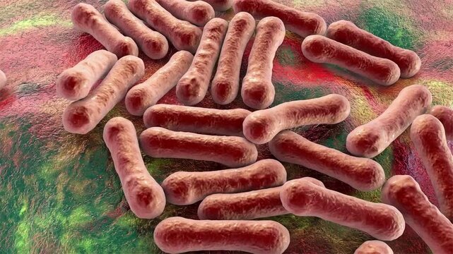 Corynebacterium diphtheriae, 3D animation showing club shaped bacteria with thickened ends in characteristic angular palisade arrangements.