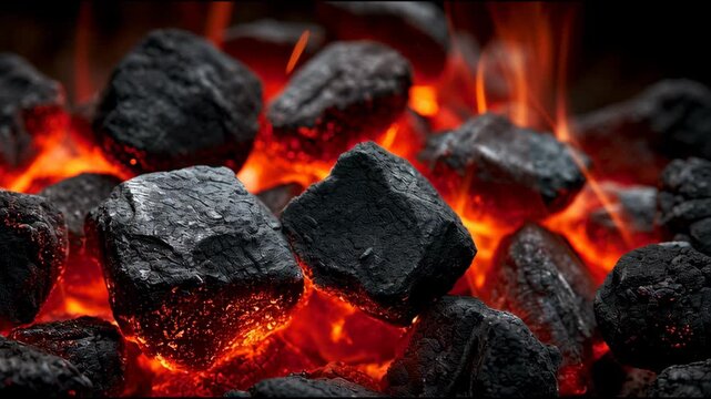 Coals glow bright red and orange in the dark, radiating heat as they burn in a fire pit at night. Sparks fly up from the fire.