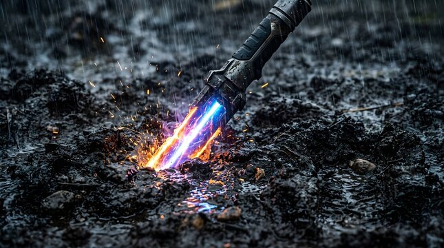 Glowing sci-fi energy blade striking rainy muddy ground with sparks