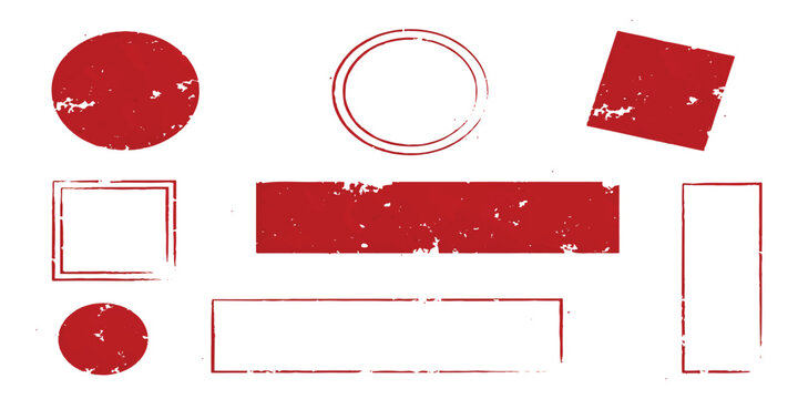 Collection of various red grunge rubber stamp shapes and empty frames