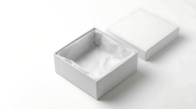 Open empty square white cardboard box with tissue paper inside and lid on the side.