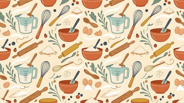 Baking tools and ingredients seamless kitchen pattern